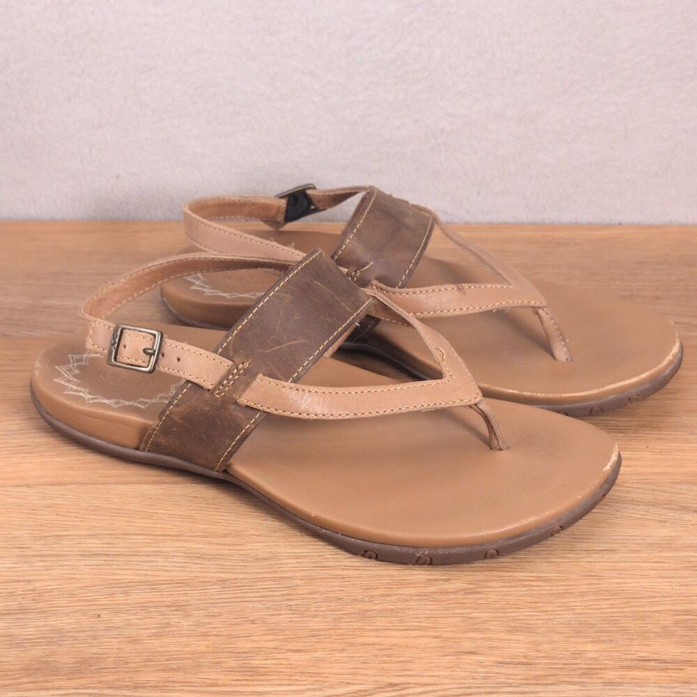 Chaco Women's 5 EU 36 Leather Thong Sandals Brown Beige Buckle Flat Comfort